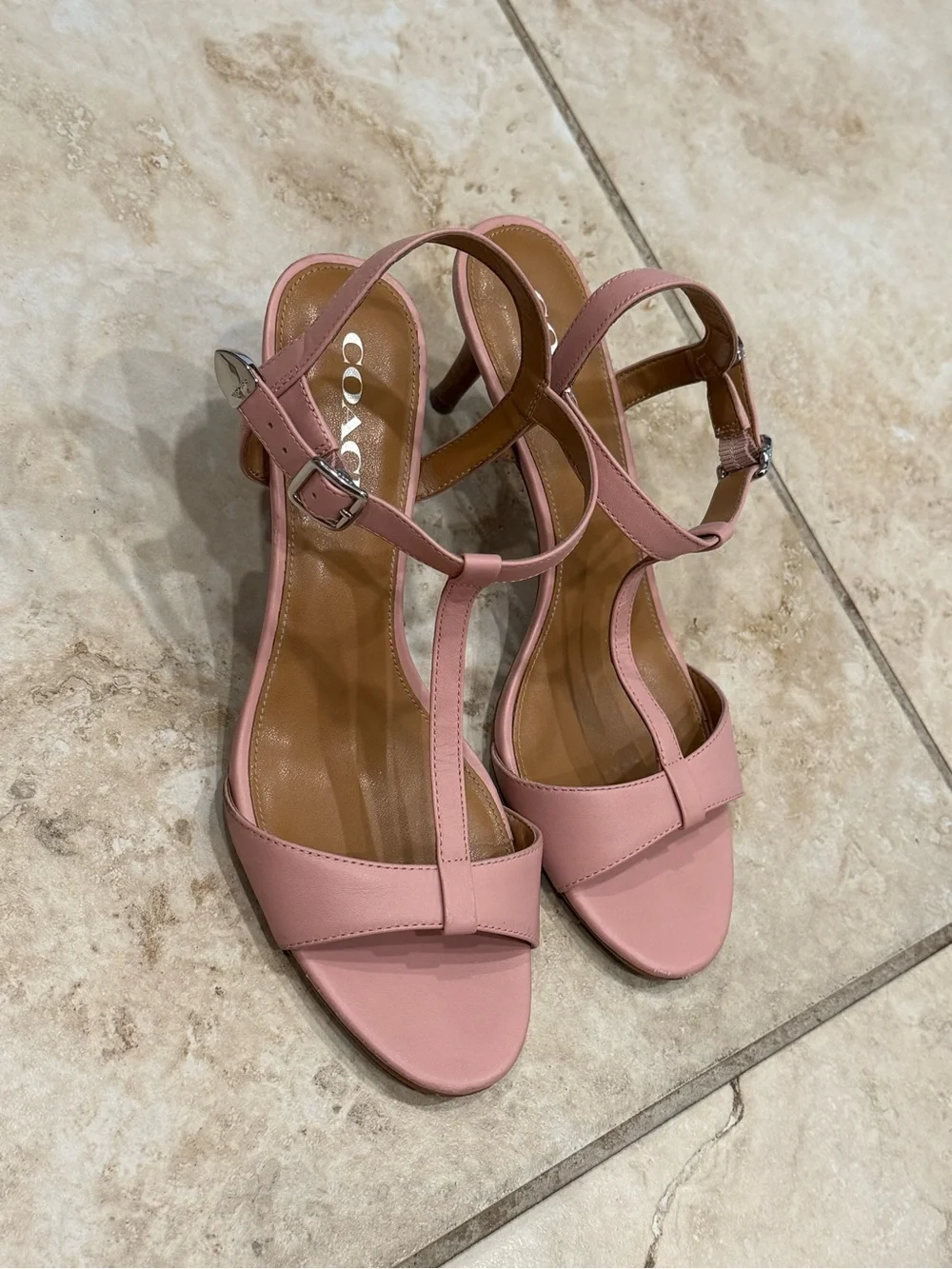 Coach Pink Leather T-Strap Mid-Heels
